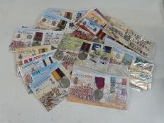 Collection of first day cover stamps with replica medals commemorating British battles