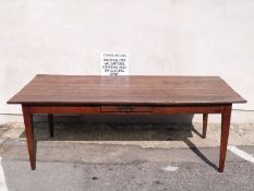 19th century possibly fruitwood topped and oak farmhouse table with single drawer, raised on four