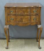 Small burr walnut desk or side table with two drawers and shaped front, raised on cabriole legs, W61