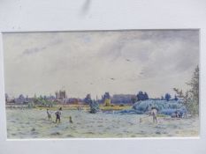 19th /early 20th century watercolour landscape figures working in a field with town beyond 18x32cm.