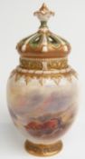 Royal Worcester pedestal covered pot pourri, hand-decorated with Highland cattle in moorland and