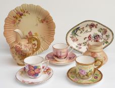 Royal Worcester blush ivory flat back jug, collectors' cups and saucers and a Wedgwood dish, tallest