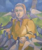 Cubist acrylic on board lady feeding pigeons, monogrammed top right and inscribed verso Christina
