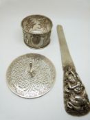Chinese white metal napkin ring with Chinese character mark decoration and maker's mark CH,