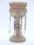 Glass lustre with enamelled white floral decoration, 30cm tall