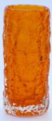 Geoffrey Baxter for Whitefriars textured bark cylinder glass vase in tangerine, 19cm tall.
