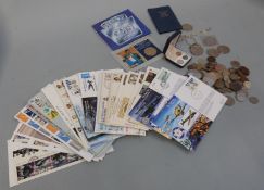 First day covers including Churchill 1965, Battle of Britain etc and a small collection of coins
