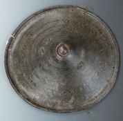 19thC North African (probably Ethiopia) tooled leather dome-shaped circular shield with stitched