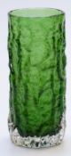 Geoffrey Baxter for Whitefriars textured bark cylinder glass vase in moss green, 19cm tall.