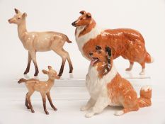 Two Beswick collies including a seated example and two deer figures, tallest 15cm