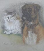 Marjorie Cox pastel 'Misty and Gucci' depicting a boxer dog and a white cat, signed and dated