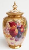 Royal Worcester pedestal covered pot pourri hand-decorated with berries by Kitty Blake, H18cm Note