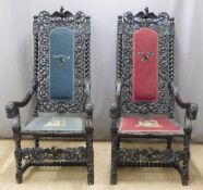 Pair of large 19thC throne armchairs with carved handed crowned eagles to top, scroll and barley