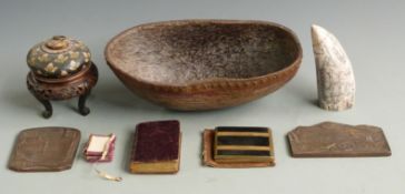 Chinese 19thC hardwood stand, carved nut, possibly coco de mer, scrimshaw etc