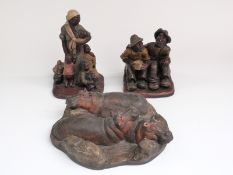 Three African Jackie Noakes figures 'Waiting For The Bus', two men drinking and Hippos in a watering