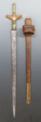 A 19thC North African straight sword (probably Morocco / Sudan) with inlaid and brass worked handle,