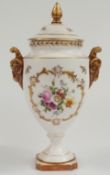 Coalport pedestal covered vase with ram mask handles, hand-decorated with flowers H24cm