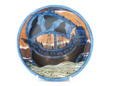 John Pearson Arts and Crafts pedestal bowl decorated with a galleon, decorated to base and