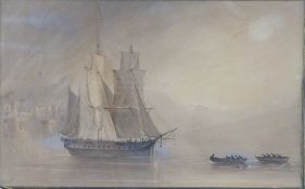 18th/19thC watercolour sailing ship with two tenders being rowed away and castle on outcrop