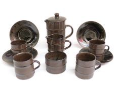 David Leach pottery coffee set including coffee pot, milk, sugar and four cups and saucers in
