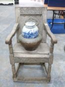 Antique carved oak solid seat chair with peg joints, copper jardiniere and an Oriental ginger jar