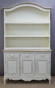 Shabby chic white painted dresser with shelves to top, the base fitted three drawers above