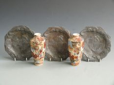 Pair of Japanese Satsuma vases (H17cm) and three pewter Japanese metal dishes