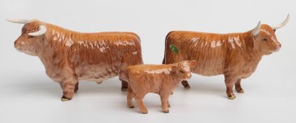 Beswick Highland bull, cow and calf, H13cm