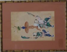 Pair of 19thC Chinese watercolours on rice paper of scholars and boys play fighting, 25 x 17cm