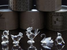 Five Swarovski cut glass animals comprising two cockerels, penguin, swan and duckling