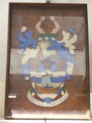 19thC or early 20thC oak framed relief armorial plaque with motto below 'service links all', 45 x