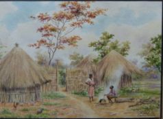 Diana Mallet Veale portrait miniature of two tribal ladies cooking, with huts beyond, signed lower