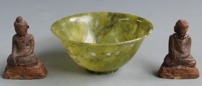 Chinese jadeite style bowl and two wooden figures