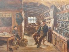 Frank Watson Wood (1862-1953) oil on board a 'turned up boat' house, figures and cat in interior
