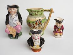 Crown Devon Widdicombe Fair musical jug, H19cm, and three Toby jugs including a 19thC example,