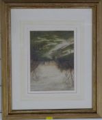 Curtius Duassut watercolour figures on a track, signed and dated 90 lower right, 22 x 16cm