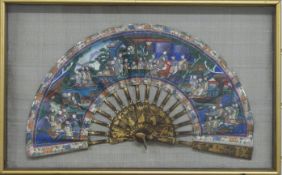 A 19thC Chinese framed hand-painted and embroidered fan with lacquer guard sticks, L41 x H23cm