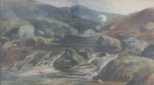 W.Muller 19thC watercolour river with hills beyond, indistinctly signed lower left, 30 x 53cm