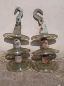 Pair of vintage power cable insulators with glass discs, height 55cm