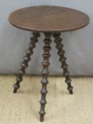19thC tripod or gypsy table with oak or elm top and bobbin turned legs, diameter 53cm, height 65cm