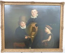 19th century oil on canvas portrait of three Scottish children, one feeding a nest of bird chicks