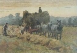 Frederick John Skill (1824 - 1881) watercolour haywain being loaded, signed lower left, 12 x 16.5cm