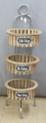 Shopfitting, haberdashery or display three tier stand with wooden baskets, W36 x D36 x H120