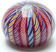 Peter McDougall glass paperweight with multi-coloured and white latticino tubes and central