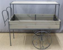 Shop fitting, haberdashery or display novelty cart with blacksmith made frame and wheels, L140 x W70
