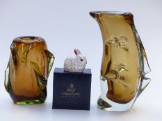 Two Murano style amber glass vases, largest 28.5cm tall, together with a Royal Crown Derby bunny, in
