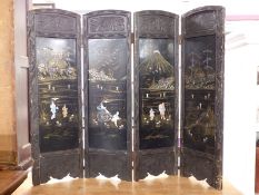 Japanese shibayama four fold screen with mother of pearl and abalone decoration of Mount Fuji,