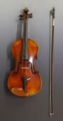 Late 19thC violin with unlabelled 36cm two piece flame back, unusual double purfling, carry case and