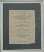 Three French framed poems on handmade paper, each approx 33 x 25cm