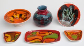 Poole Pottery pedestal dish, vase and pin dishes including retro signed examples, (6), tallest 10cm